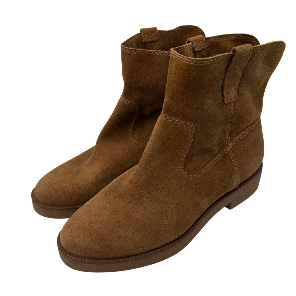 Lucky Brand Rhetty Tan Suede Western Ankle Booties Women 8.5 Boho Cowboy Almond